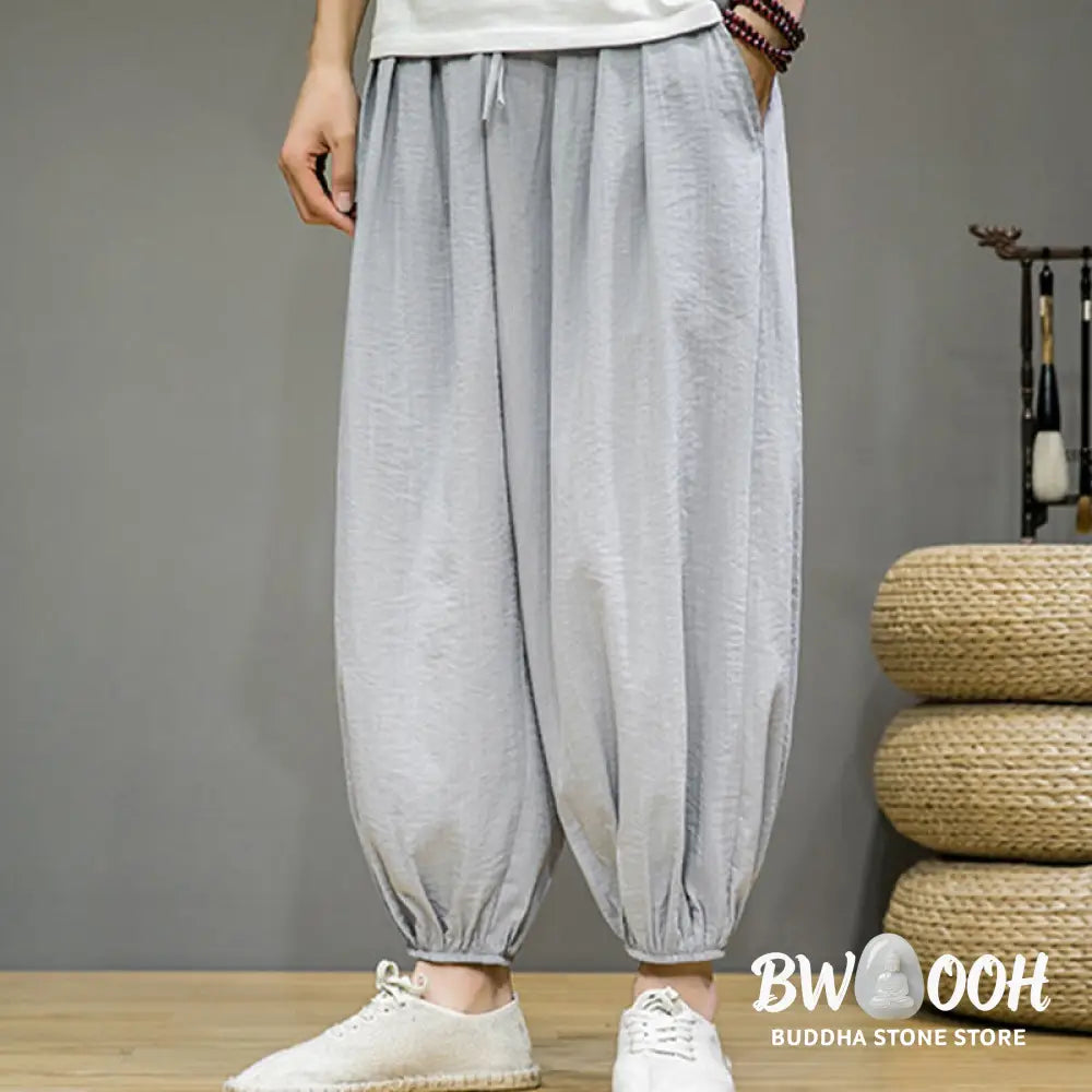 Buddha Stones Summer Plain Drawstring Men’s Ankle-Length Cotton Harem Pants With Pockets - Men’s Harem Pants