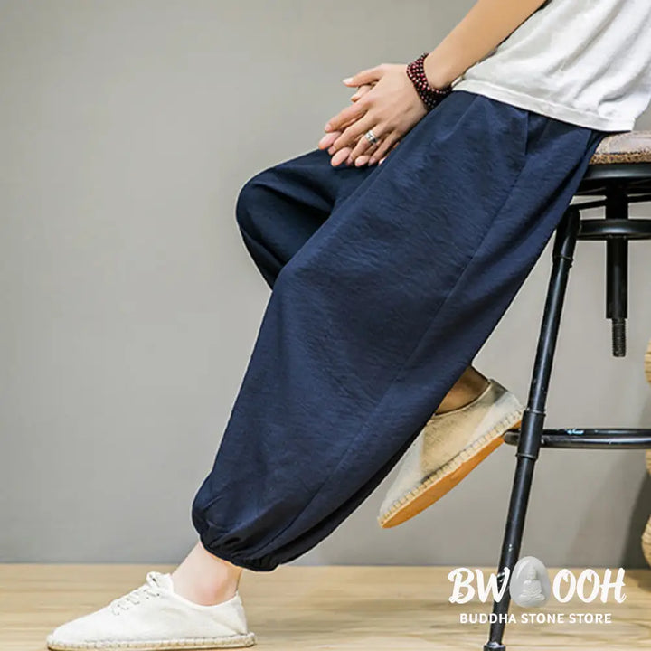 Buddha Stones Summer Plain Drawstring Men’s Ankle-Length Cotton Harem Pants With Pockets - Men’s Harem Pants