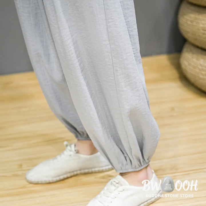 Buddha Stones Summer Plain Drawstring Men’s Ankle-Length Cotton Harem Pants With Pockets - Men’s Harem Pants