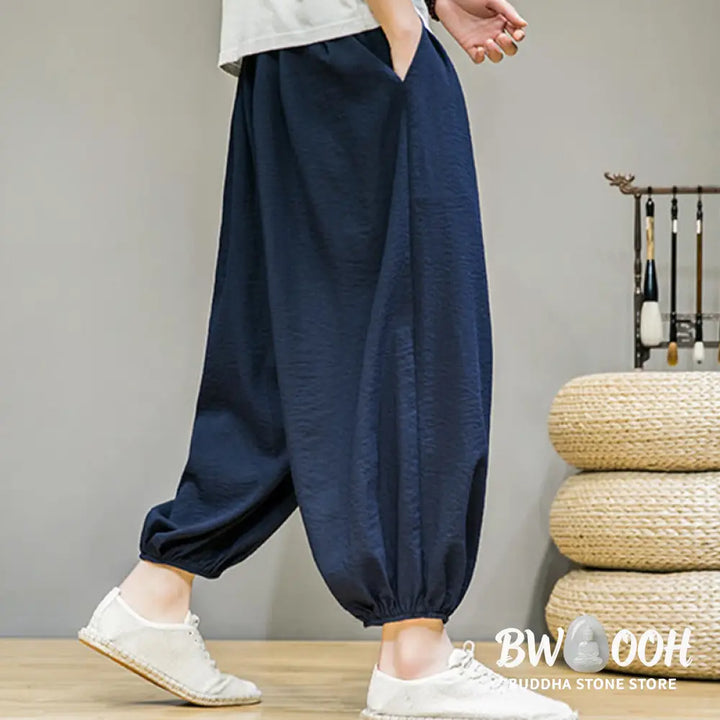 Buddha Stones Summer Plain Drawstring Men’s Ankle-Length Cotton Harem Pants With Pockets - Men’s Harem Pants
