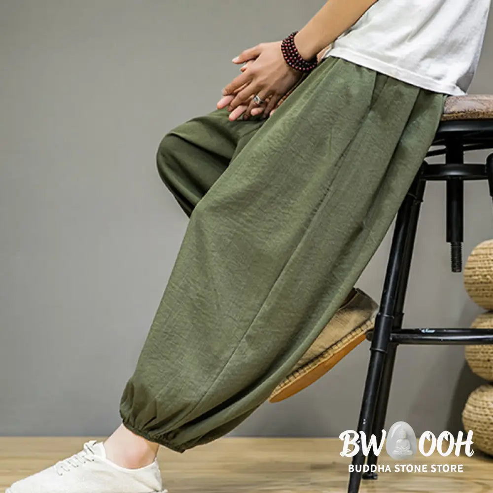 Buddha Stones Summer Plain Drawstring Men’s Ankle-Length Cotton Harem Pants With Pockets - Men’s Harem Pants