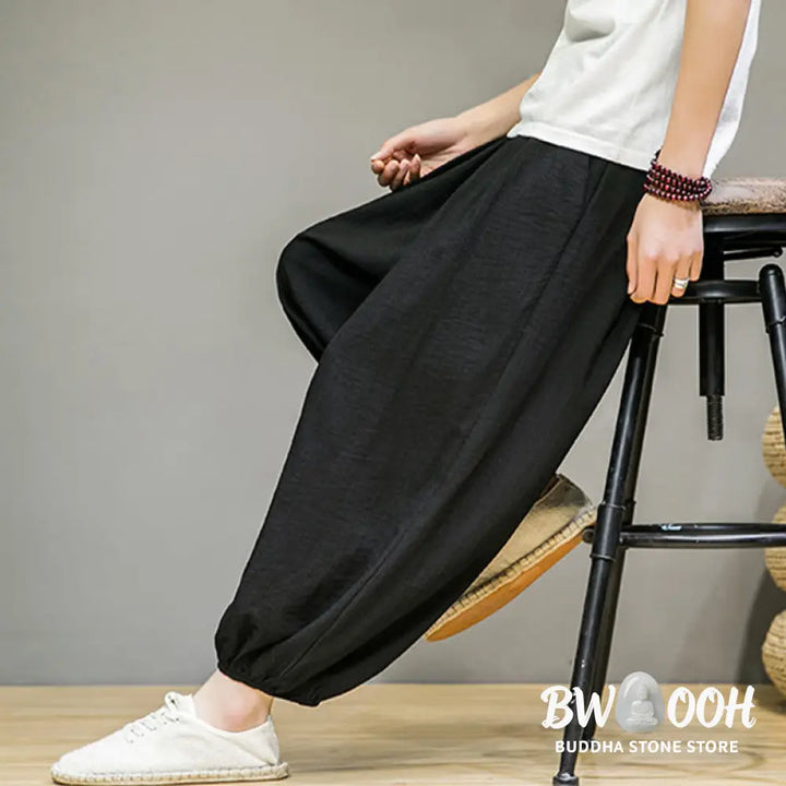 Buddha Stones Summer Plain Drawstring Men’s Ankle-Length Cotton Harem Pants With Pockets - Men’s Harem Pants