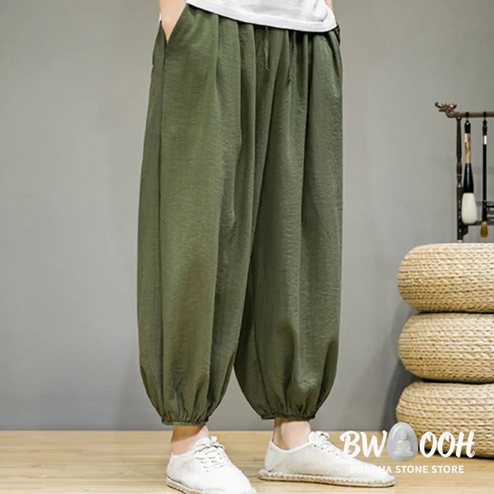 Buddha Stones Summer Plain Drawstring Men’s Ankle-Length Cotton Harem Pants With Pockets - Men’s Harem Pants