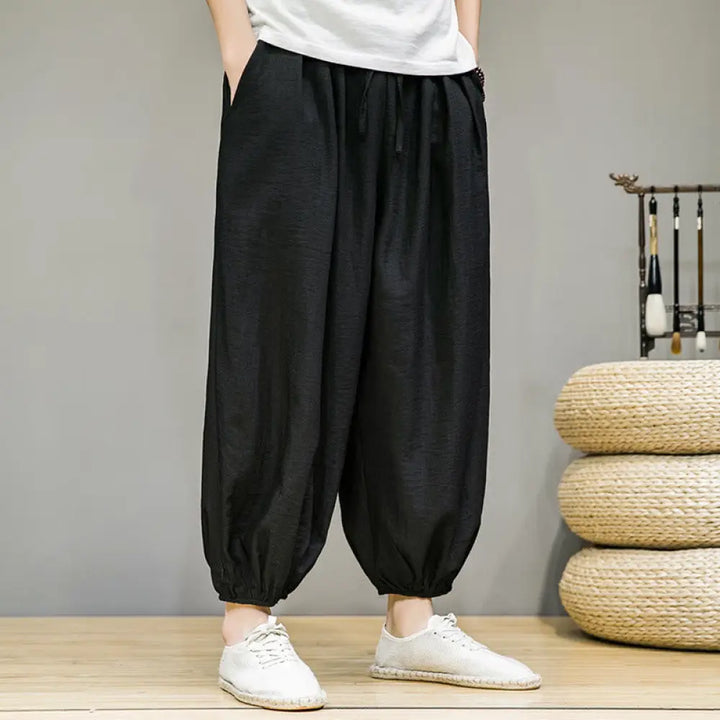 Buddha Stones Summer Plain Drawstring Men’s Ankle-Length Cotton Harem Pants With Pockets - Black / US/UK/AU36，EU46 (L)