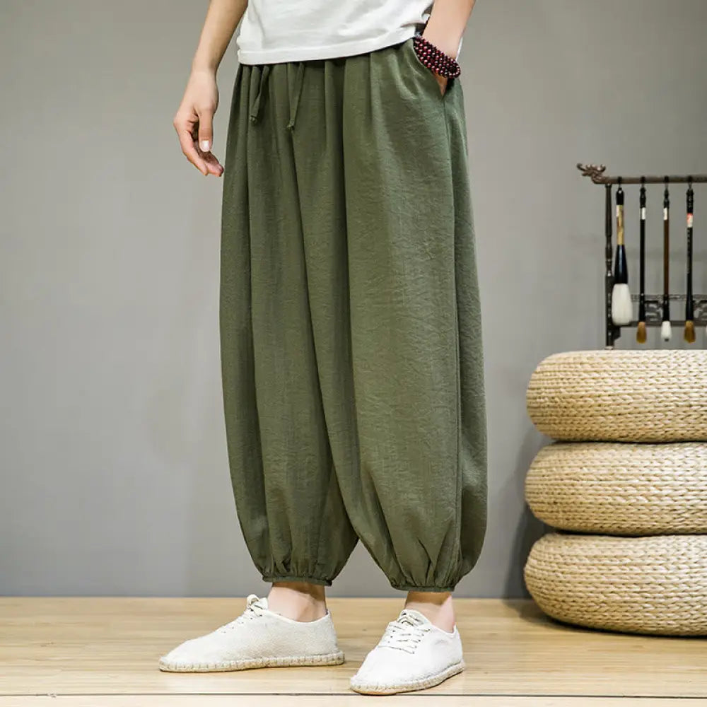 Buddha Stones Summer Plain Drawstring Men’s Ankle-Length Cotton Harem Pants With Pockets - ForestGreen