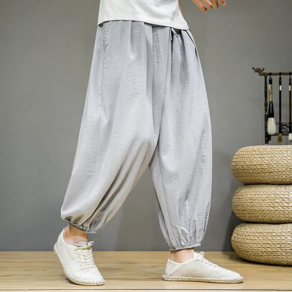 Buddha Stones Summer Plain Drawstring Men’s Ankle-Length Cotton Harem Pants With Pockets - LightGrey / US/UK/AU36，EU46