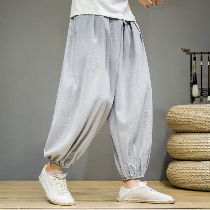 Buddha Stones Summer Plain Drawstring Men’s Ankle-Length Cotton Harem Pants With Pockets - LightGrey / US/UK/AU36，EU46