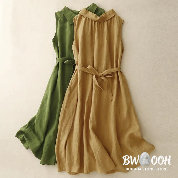 Buddha Stones Summer Plain Lace-up Button Front Design Lapel Sleeveless Cotton Midi Dress Cardigan - Midi Dress