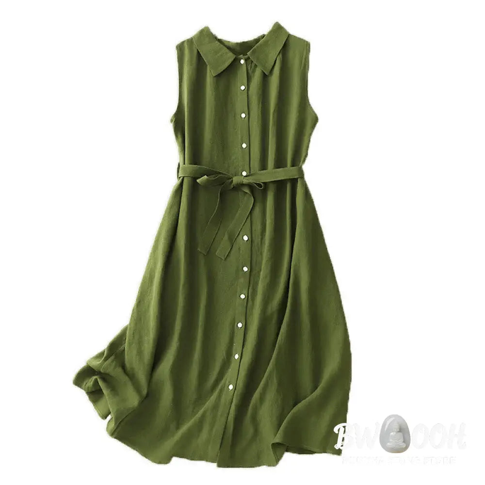 Buddha Stones Summer Plain Lace-up Button Front Design Lapel Sleeveless Cotton Midi Dress Cardigan - Midi Dress