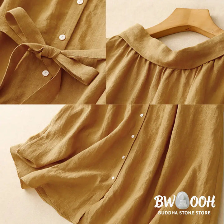 Buddha Stones Summer Plain Lace-up Button Front Design Lapel Sleeveless Cotton Midi Dress Cardigan - Midi Dress