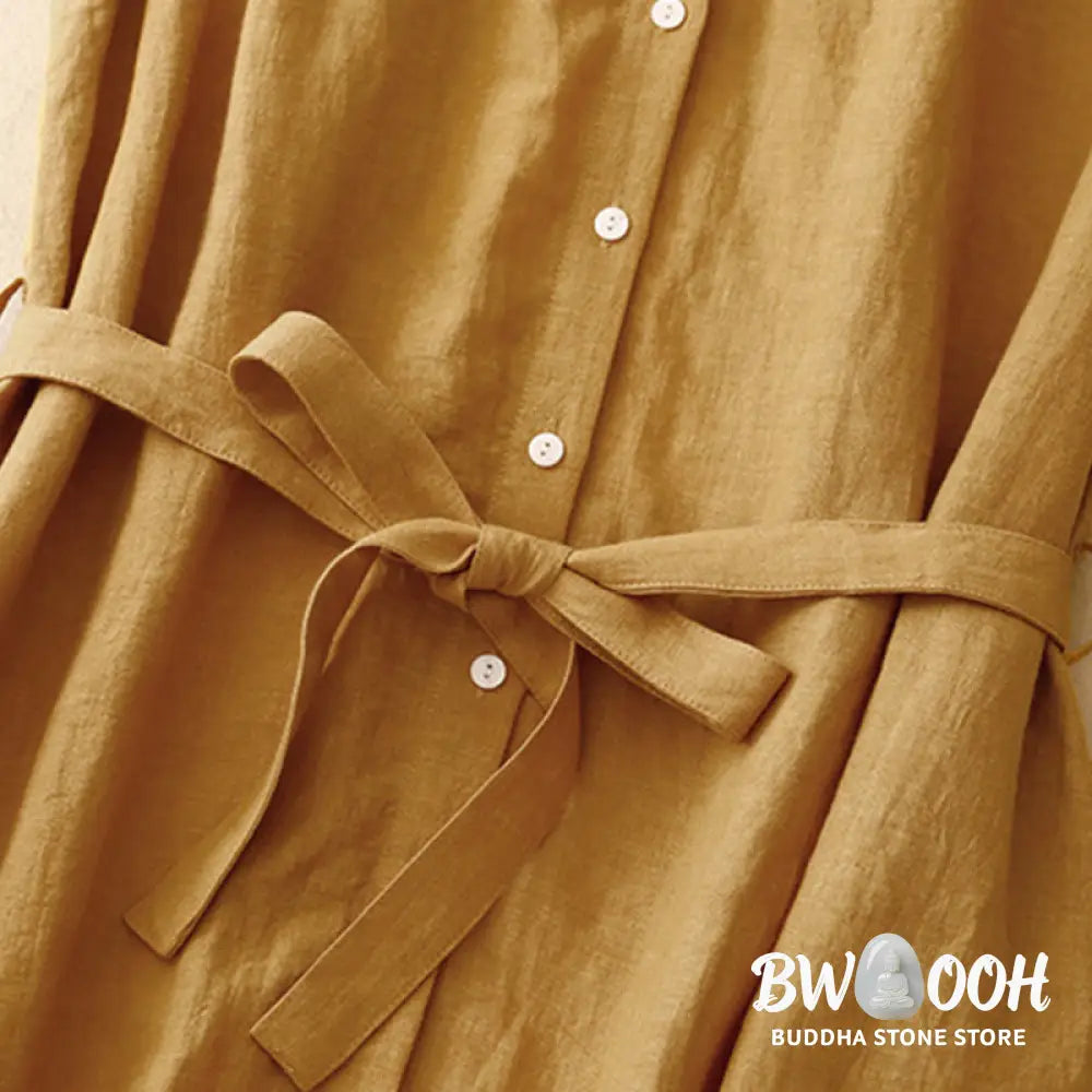 Buddha Stones Summer Plain Lace-up Button Front Design Lapel Sleeveless Cotton Midi Dress Cardigan - Midi Dress