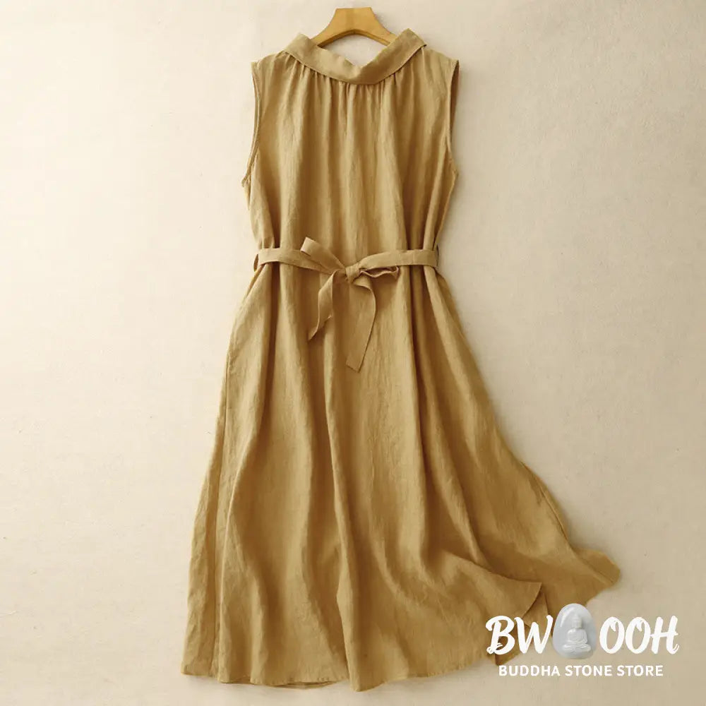 Buddha Stones Summer Plain Lace-up Button Front Design Lapel Sleeveless Cotton Midi Dress Cardigan - Midi Dress