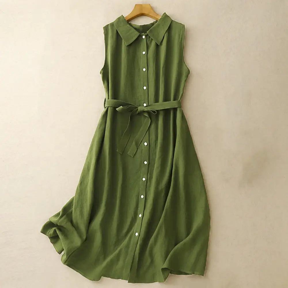 Buddha Stones Summer Plain Lace-up Button Front Design Lapel Sleeveless Cotton Midi Dress Cardigan - ForestGreen