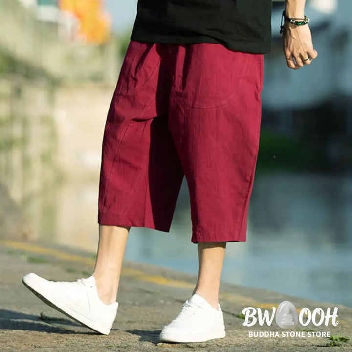 Buddha Stones Summer Plain Pleat Design Drawstring Men’s 7-8 Length Cotton Linen Pants With Pockets - Men’s Pants