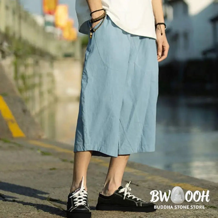 Buddha Stones Summer Plain Pleat Design Drawstring Men’s 7-8 Length Cotton Linen Pants With Pockets - Men’s Pants