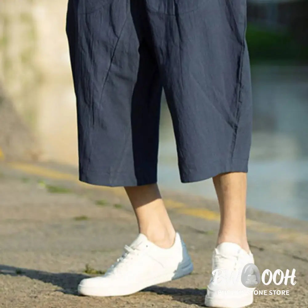 Buddha Stones Summer Plain Pleat Design Drawstring Men’s 7-8 Length Cotton Linen Pants With Pockets - Men’s Pants