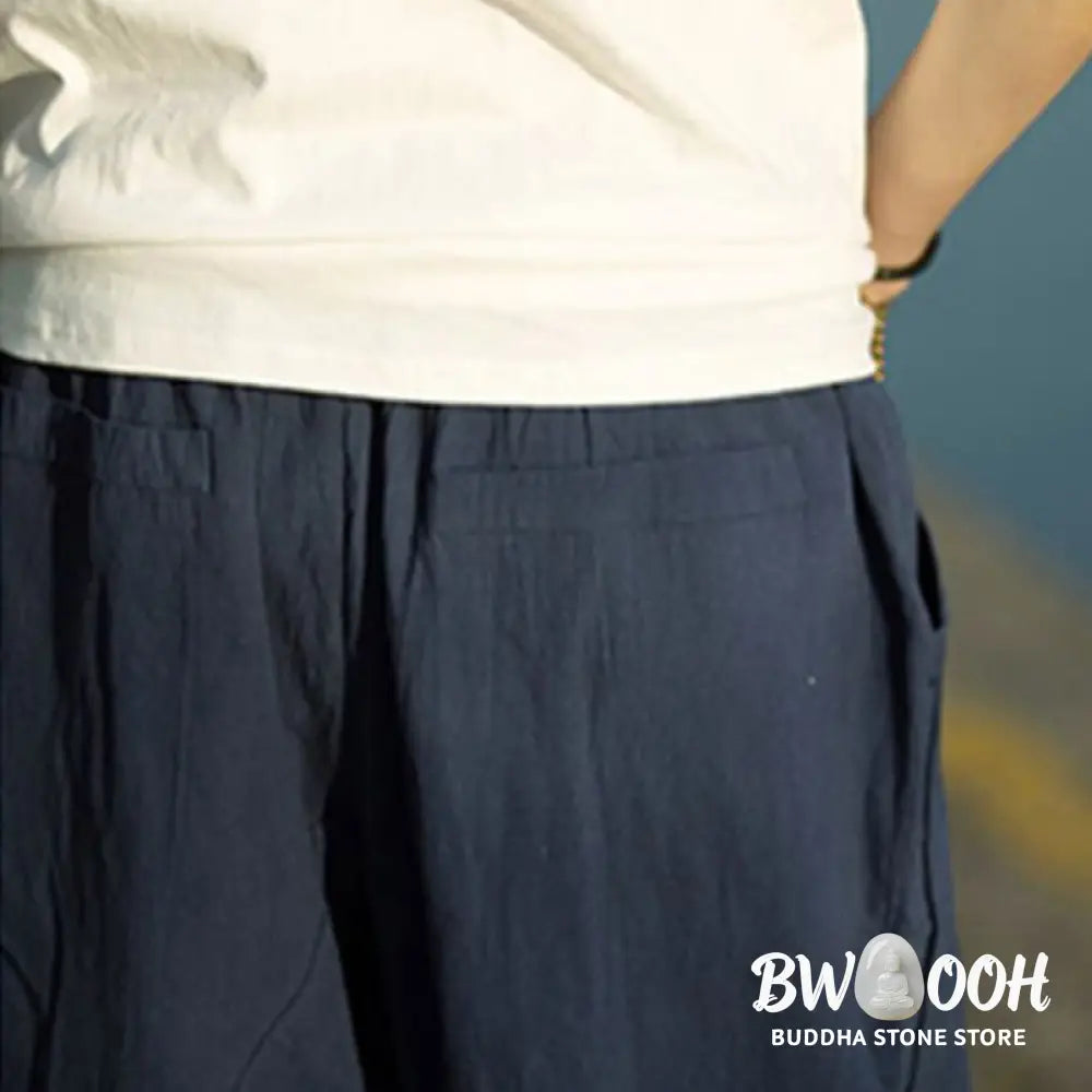 Buddha Stones Summer Plain Pleat Design Drawstring Men’s 7-8 Length Cotton Linen Pants With Pockets - Men’s Pants