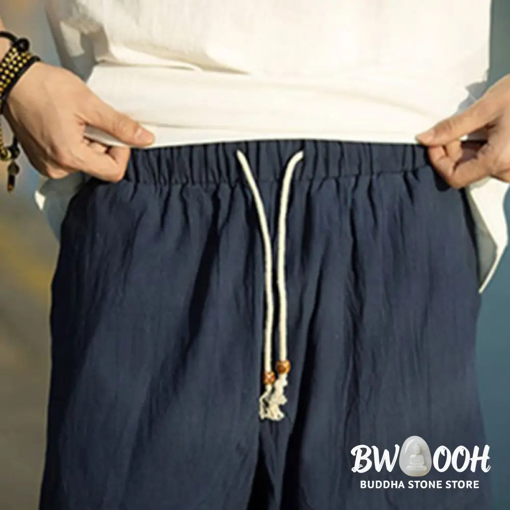Buddha Stones Summer Plain Pleat Design Drawstring Men’s 7-8 Length Cotton Linen Pants With Pockets - Men’s Pants