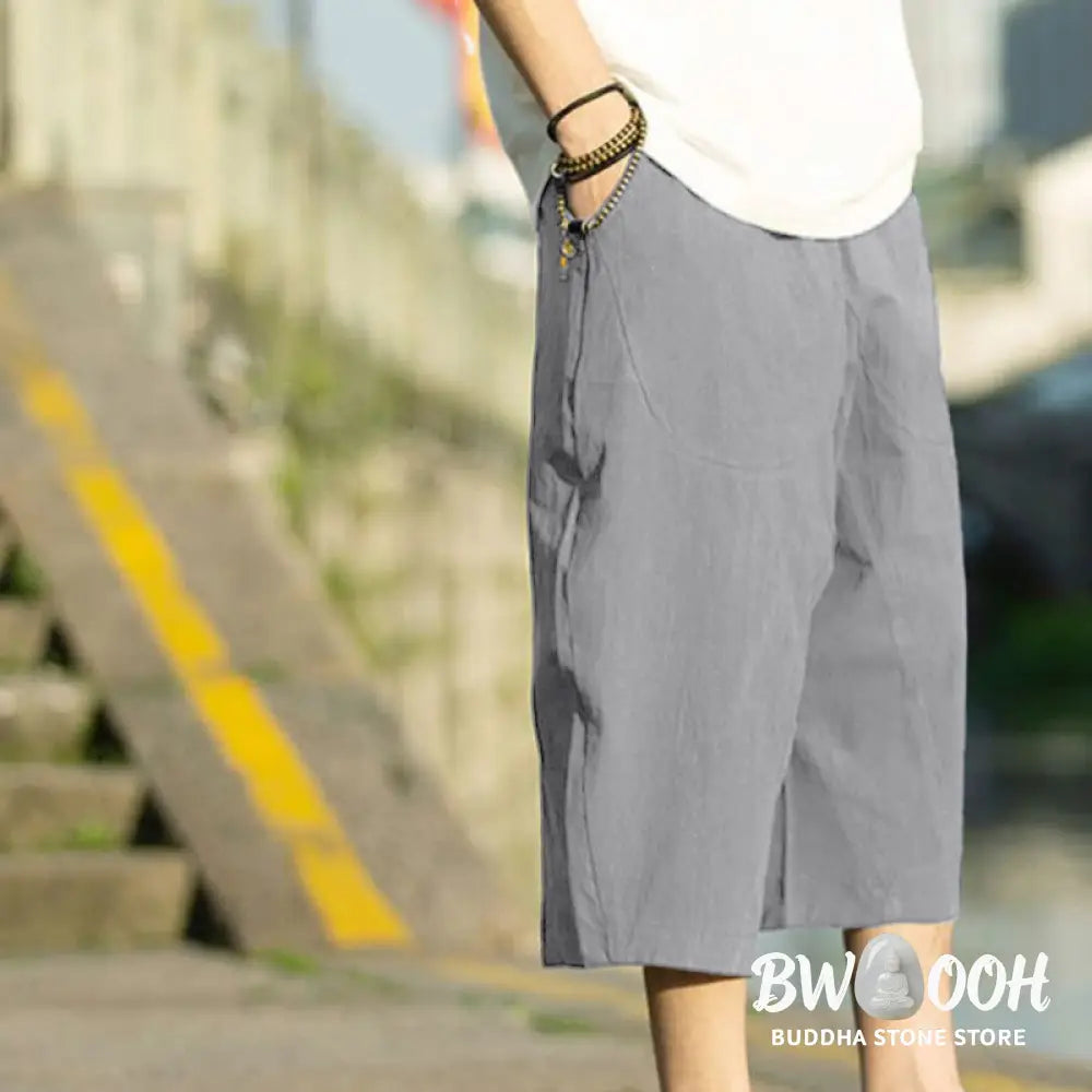Buddha Stones Summer Plain Pleat Design Drawstring Men’s 7-8 Length Cotton Linen Pants With Pockets - Men’s Pants