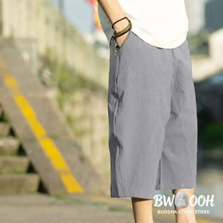 Buddha Stones Summer Plain Pleat Design Drawstring Men’s 7-8 Length Cotton Linen Pants With Pockets - Men’s Pants