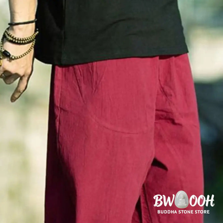 Buddha Stones Summer Plain Pleat Design Drawstring Men’s 7-8 Length Cotton Linen Pants With Pockets - Men’s Pants