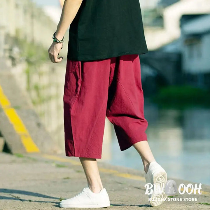Buddha Stones Summer Plain Pleat Design Drawstring Men’s 7-8 Length Cotton Linen Pants With Pockets - Men’s Pants