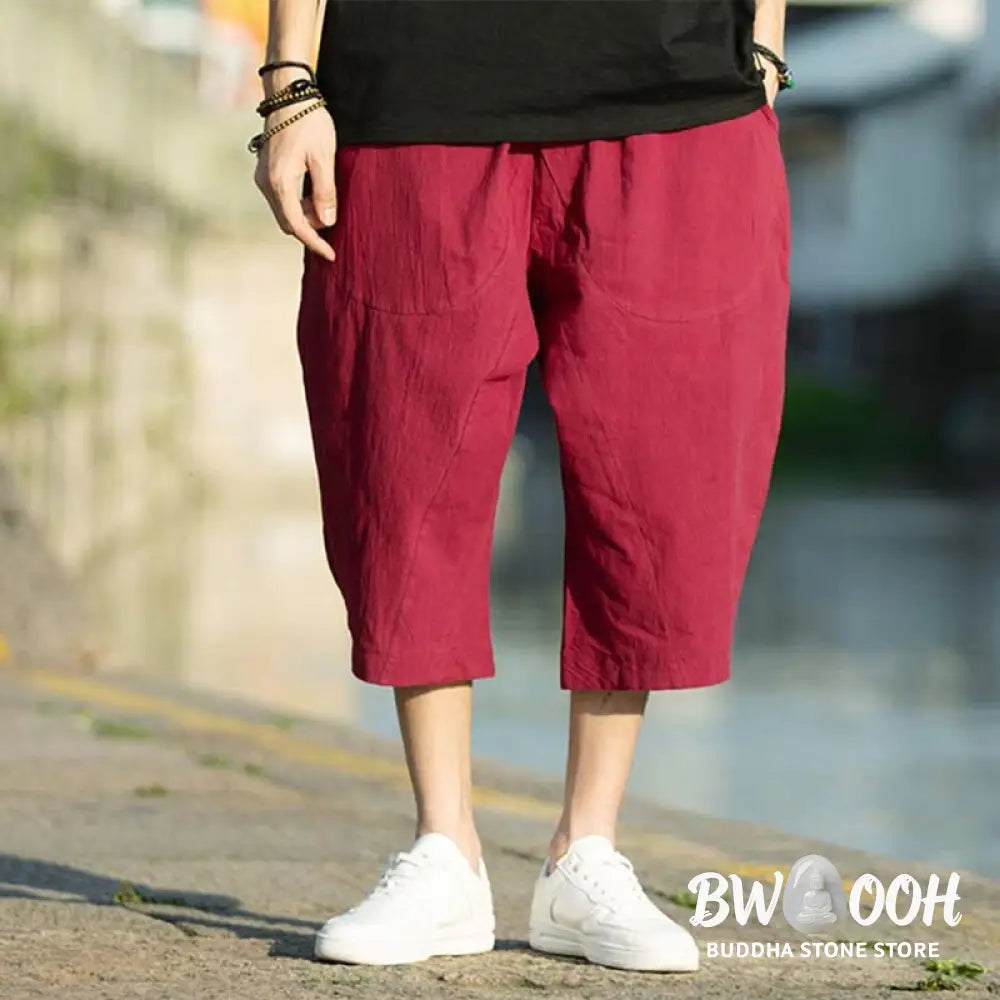 Buddha Stones Summer Plain Pleat Design Drawstring Men’s 7-8 Length Cotton Linen Pants With Pockets - Men’s Pants