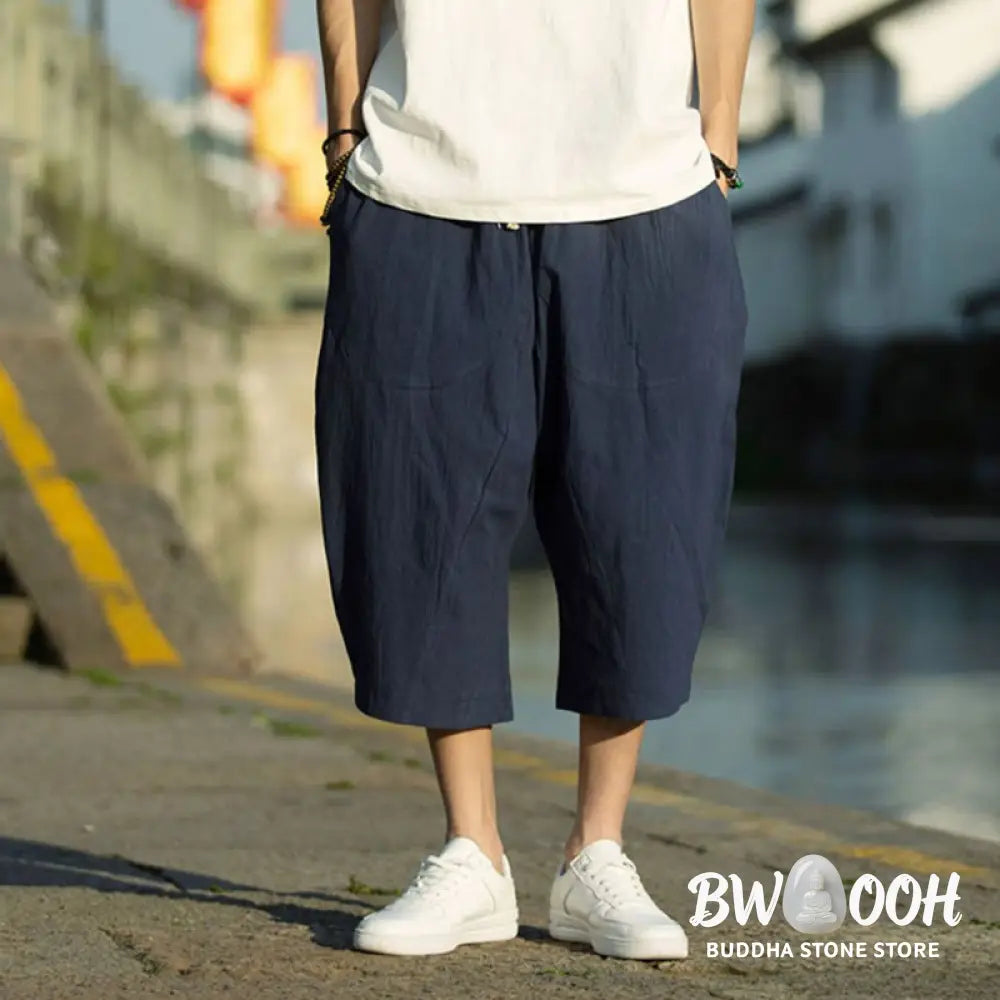 Buddha Stones Summer Plain Pleat Design Drawstring Men’s 7-8 Length Cotton Linen Pants With Pockets - Men’s Pants