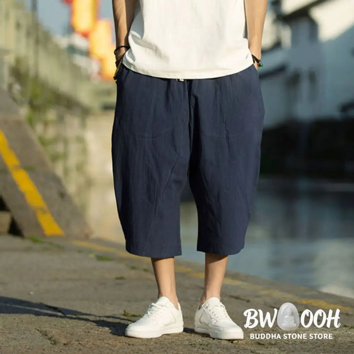 Buddha Stones Summer Plain Pleat Design Drawstring Men’s 7-8 Length Cotton Linen Pants With Pockets - Men’s Pants