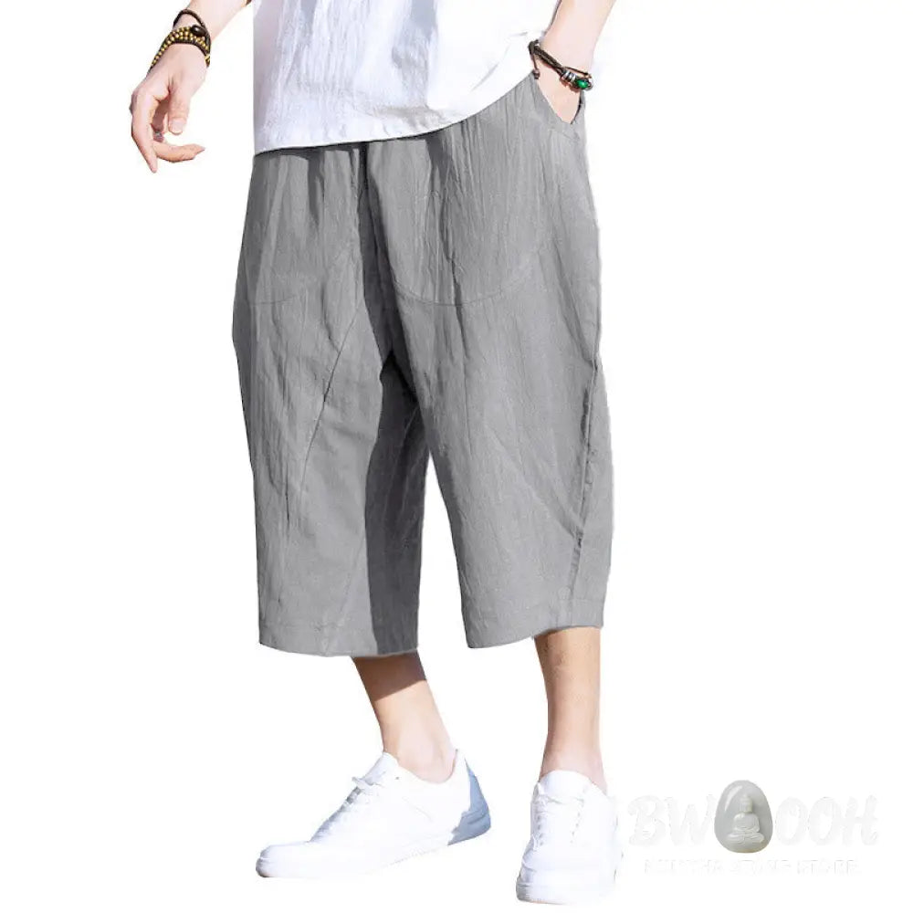 Buddha Stones Summer Plain Pleat Design Drawstring Men’s 7-8 Length Cotton Linen Pants With Pockets - Men’s Pants