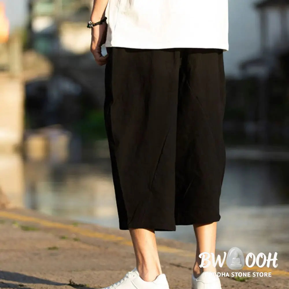 Buddha Stones Summer Plain Pleat Design Drawstring Men’s 7-8 Length Cotton Linen Pants With Pockets - Men’s Pants