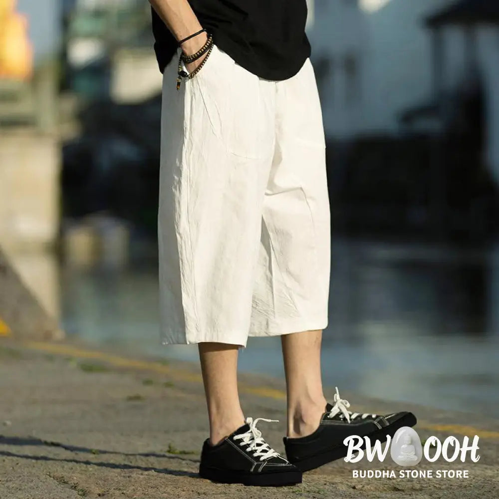 Buddha Stones Summer Plain Pleat Design Drawstring Men’s 7-8 Length Cotton Linen Pants With Pockets - Men’s Pants
