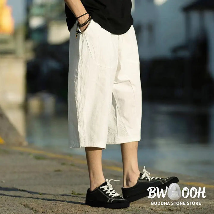 Buddha Stones Summer Plain Pleat Design Drawstring Men’s 7-8 Length Cotton Linen Pants With Pockets - Men’s Pants