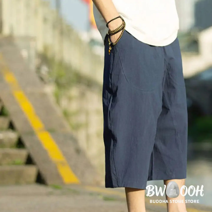 Buddha Stones Summer Plain Pleat Design Drawstring Men’s 7-8 Length Cotton Linen Pants With Pockets - Men’s Pants