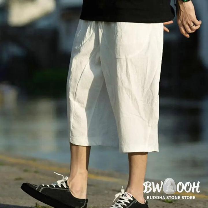 Buddha Stones Summer Plain Pleat Design Drawstring Men’s 7-8 Length Cotton Linen Pants With Pockets - Men’s Pants