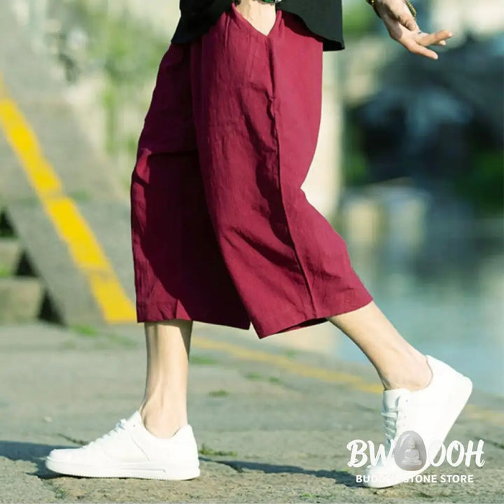 Buddha Stones Summer Plain Pleat Design Drawstring Men’s 7-8 Length Cotton Linen Pants With Pockets - Men’s Pants