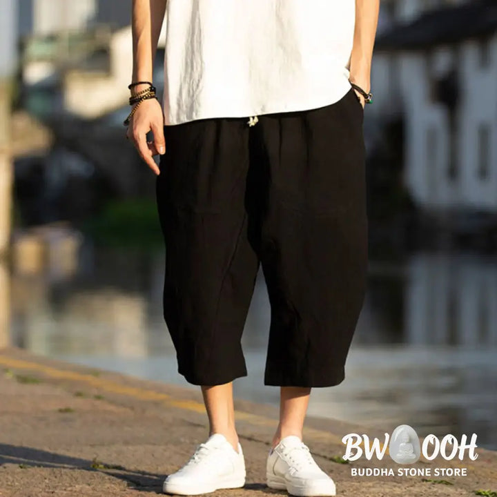 Buddha Stones Summer Plain Pleat Design Drawstring Men’s 7-8 Length Cotton Linen Pants With Pockets - Men’s Pants