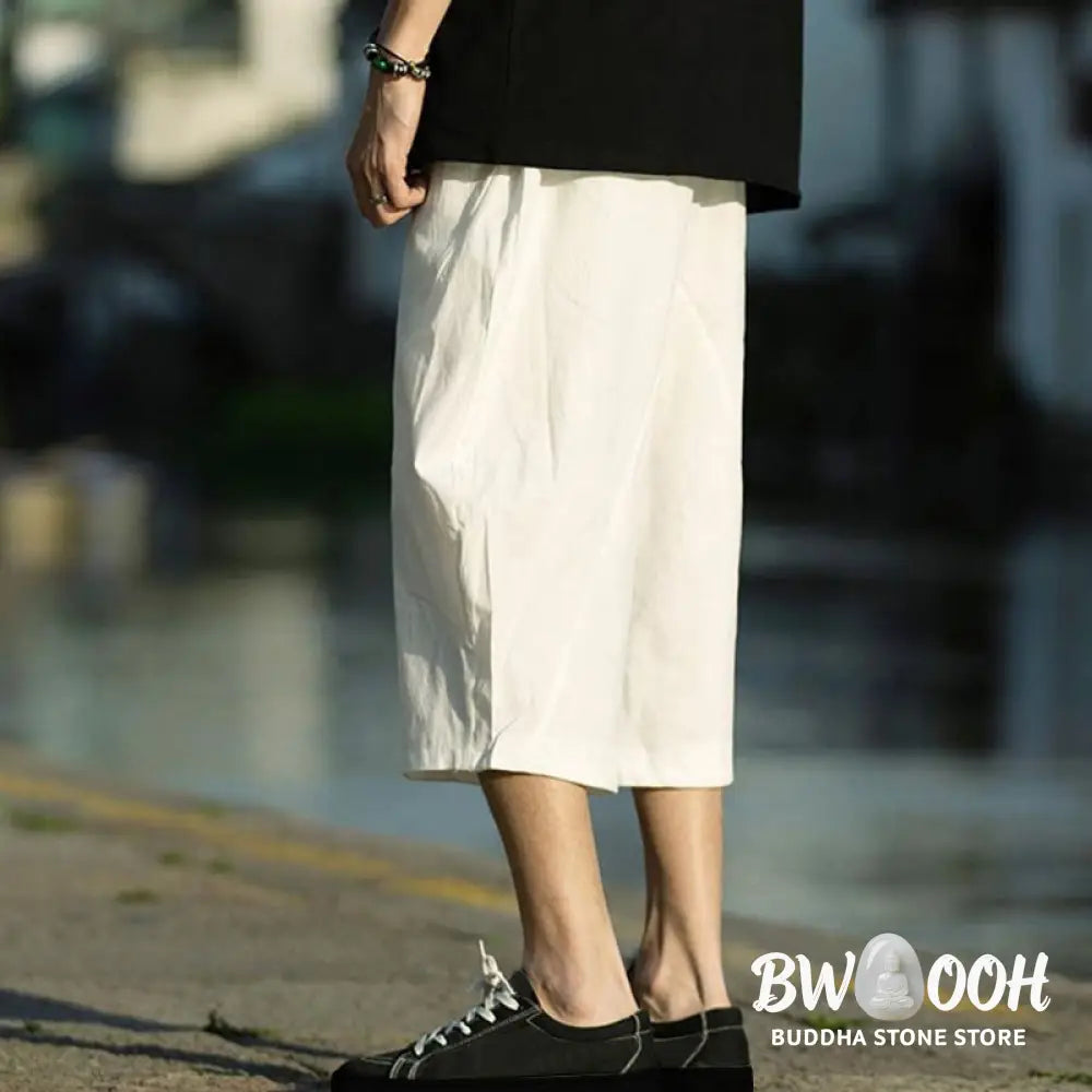 Buddha Stones Summer Plain Pleat Design Drawstring Men’s 7-8 Length Cotton Linen Pants With Pockets - Men’s Pants