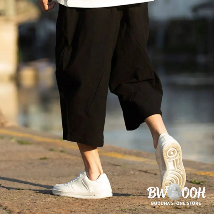 Buddha Stones Summer Plain Pleat Design Drawstring Men’s 7-8 Length Cotton Linen Pants With Pockets - Men’s Pants