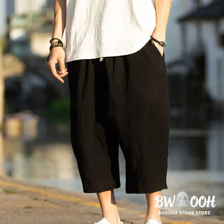 Buddha Stones Summer Plain Pleat Design Drawstring Men’s 7-8 Length Cotton Linen Pants With Pockets - Men’s Pants