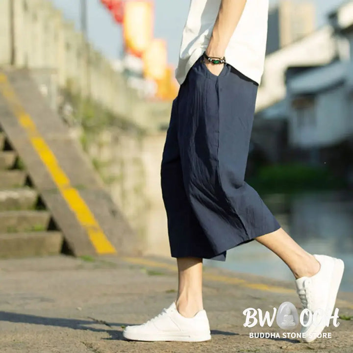 Buddha Stones Summer Plain Pleat Design Drawstring Men’s 7-8 Length Cotton Linen Pants With Pockets - Men’s Pants