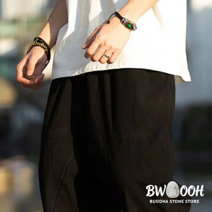 Buddha Stones Summer Plain Pleat Design Drawstring Men’s 7-8 Length Cotton Linen Pants With Pockets - Men’s Pants