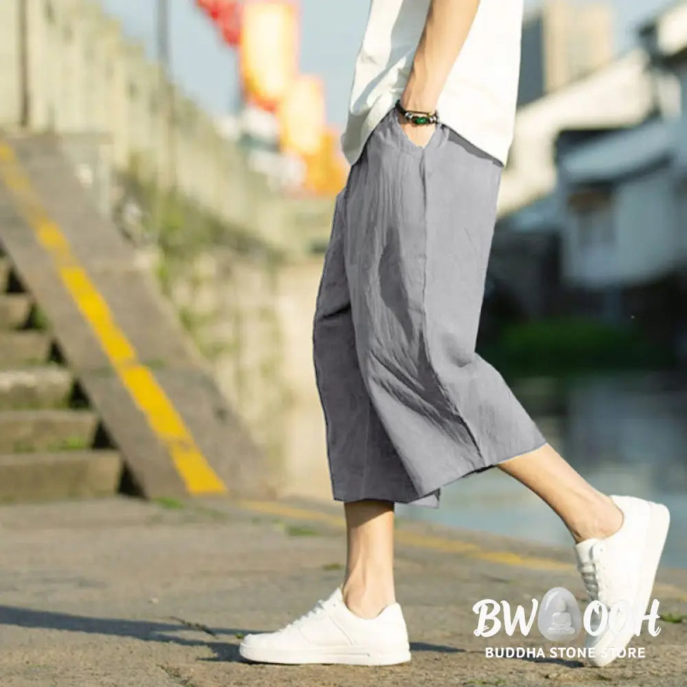 Buddha Stones Summer Plain Pleat Design Drawstring Men’s 7-8 Length Cotton Linen Pants With Pockets - Men’s Pants