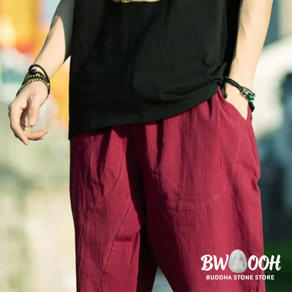 Buddha Stones Summer Plain Pleat Design Drawstring Men’s 7-8 Length Cotton Linen Pants With Pockets - Men’s Pants