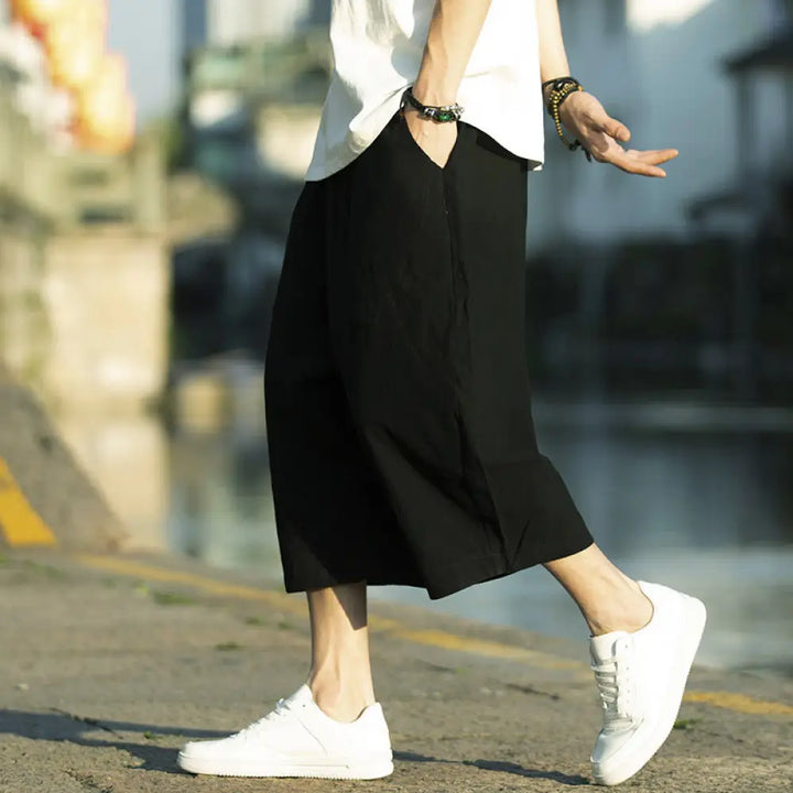 Buddha Stones Summer Plain Pleat Design Drawstring Men’s 7-8 Length Cotton Linen Pants With Pockets - Black