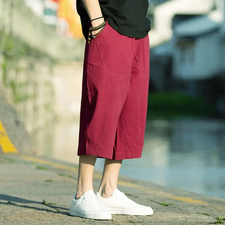 Buddha Stones Summer Plain Pleat Design Drawstring Men’s 7-8 Length Cotton Linen Pants With Pockets - Crimson