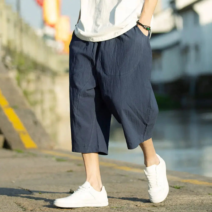 Buddha Stones Summer Plain Pleat Design Drawstring Men’s 7-8 Length Cotton Linen Pants With Pockets - DarkSlateBlue