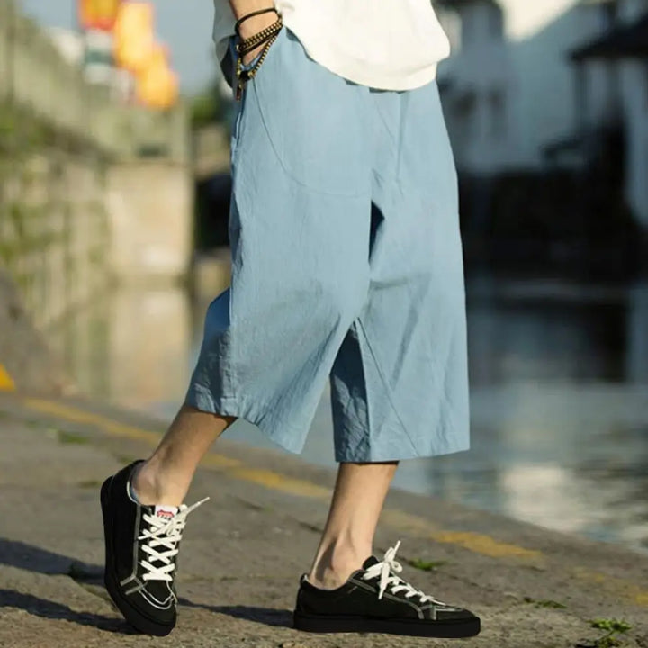 Buddha Stones Summer Plain Pleat Design Drawstring Men’s 7-8 Length Cotton Linen Pants With Pockets - DeepSkyBlue