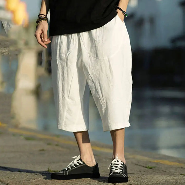 Buddha Stones Summer Plain Pleat Design Drawstring Men’s 7-8 Length Cotton Linen Pants With Pockets - White