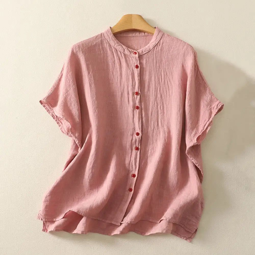 Buddha Stones Summer Plain Red Buttons Short Sleeve Women’s Cotton Linen Shirt - DarkSalmon / US6，UK/AU10，EU38 (M)